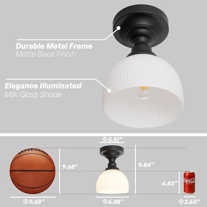 Modern Schoolhouse Semi Flush Mount Ceiling Light,Black Close to Ceiling Light Fixtures with Hand-Blown Glass Hallway Light Fixtures for Laundry Entryway Kitchen Bathroom Bedroom E26 Base