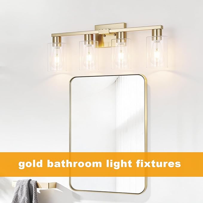 4-Light Bathroom Vanity Light, Modern Brushed Gold Wall Lights with Clear Glass Shades, Bathroom Wall Sconce Lamp for Mirror Living Room Bedroom Hallway