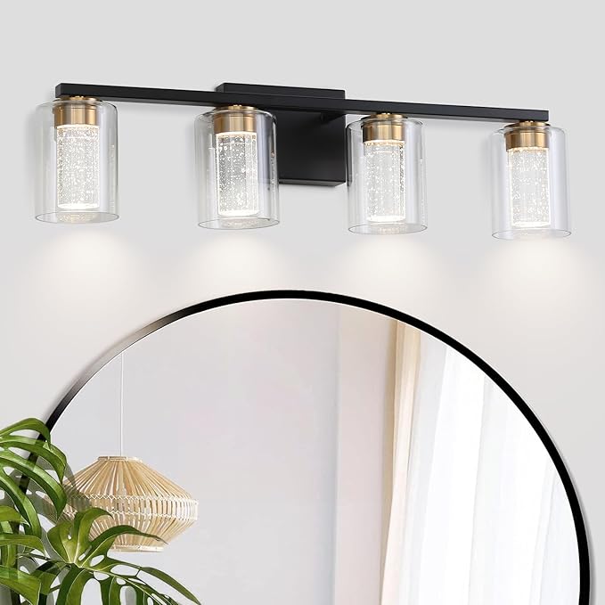 EMONG 4-Light Black&Gold Bathroom Light Fixtures,Dimmable 5CCT LED Vanity Lights with Clear Glass,2700K-6500K Adjustable Crystal Bubble Black Bathroom Vanity Light Over Mirror for Hallway
