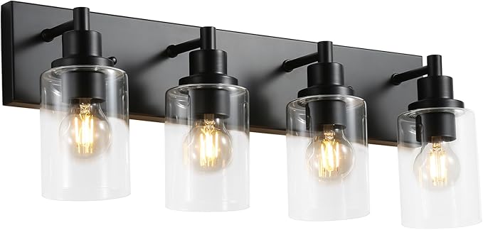 LOUSACE 4 Light Bathroom Vanity Light, Matte Black Bathroom Lighting Fixtures with Clear Glass Shade, Modern Vanity Wall Sconces over Mirror, Farmhouse Black Bath Light Fixture for Bedroom Living Room