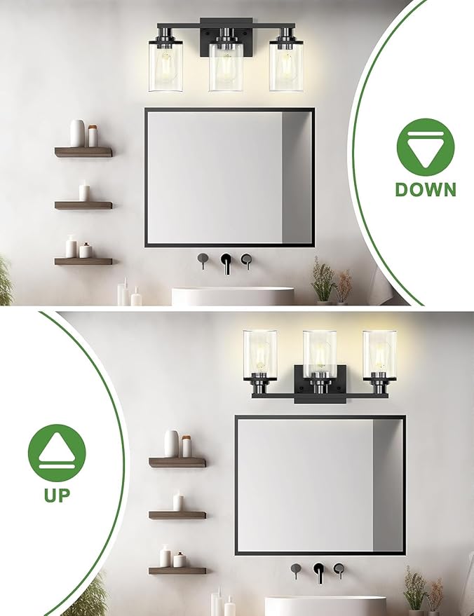 DORESshop 20 Inch Bathroom Light Fixtures, 3-Light Black Bathroom Lighting Fixtures Over Mirror with Clear Glass Shade, Vanity Lights for Bathroom Living Room Bedroom, ETL Listed