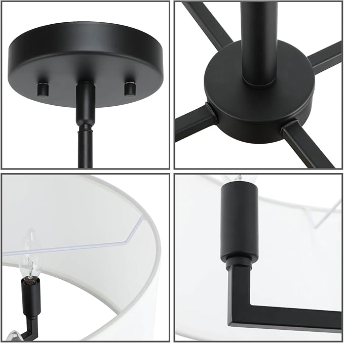 XiNBEi Lighting Drum Chandelier, Farmhouse 4 Light Pendant Light with White Fabric Shade Black Pendant Lighting Fixture for Kitchen Island Living Room XB-P1296-MB