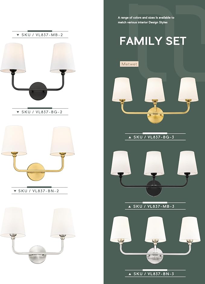 Bathroom Light Fixtures, Brushed Nickel Vanity Lights with Flared White Fabric Shade, 3 Light Wall Sconce, Modern Sconces Wall Lighting for Hallway Bedroom, VL837-BN-3