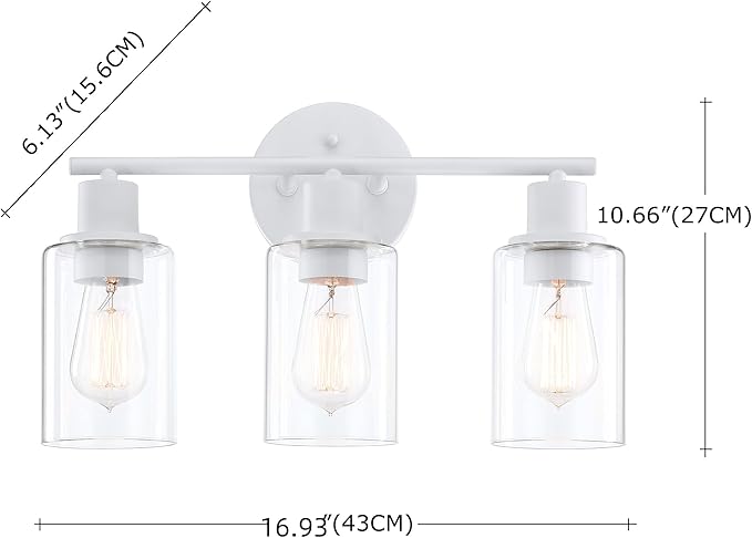 WISBEAM 3-Light Bathroom Vanity Wall Light, White Bathroom Light Fixtures Over Mirror with Clear Glass Shade Including E26 Medium Base, Bulb NOT Included
