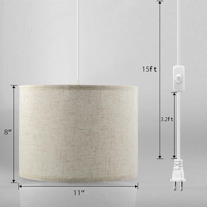 KUAUGST Plug in Pendant Light, 15 FT Hanging Lamp with Plug in Cord, On/Off Switch, Pendant Lighting with Fabric Shade, Hanging Light Fixture for Living Room, Bedroom, Dining Room, Kitchen (Beige)