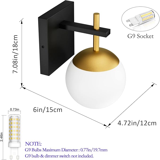 Ralbay Black Gold Wall Sconce, Mid Century Modern Wall Lighting Fixtures Milky Glass Indoor Wall Lamp for Home Decor Bathroom Kitchen Living Room Vanity Hallway, Black and Gold 1 Light