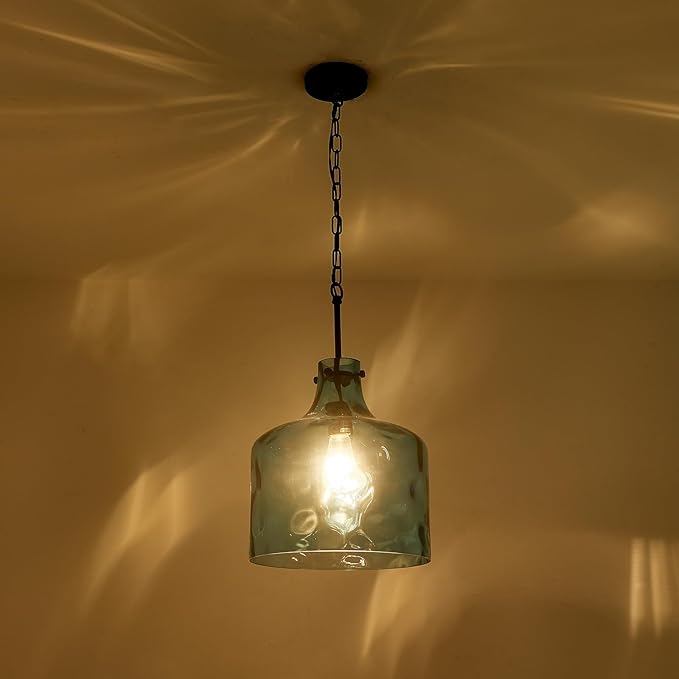 CATINER 16" Extra Large Farmhouse Pendant Light – Hand-Blown Blue Hammered Glass Shade, Black Finish, Adjustable Chain Hanging Light Fixture for Kitchen Island, Dining Room, Hallway