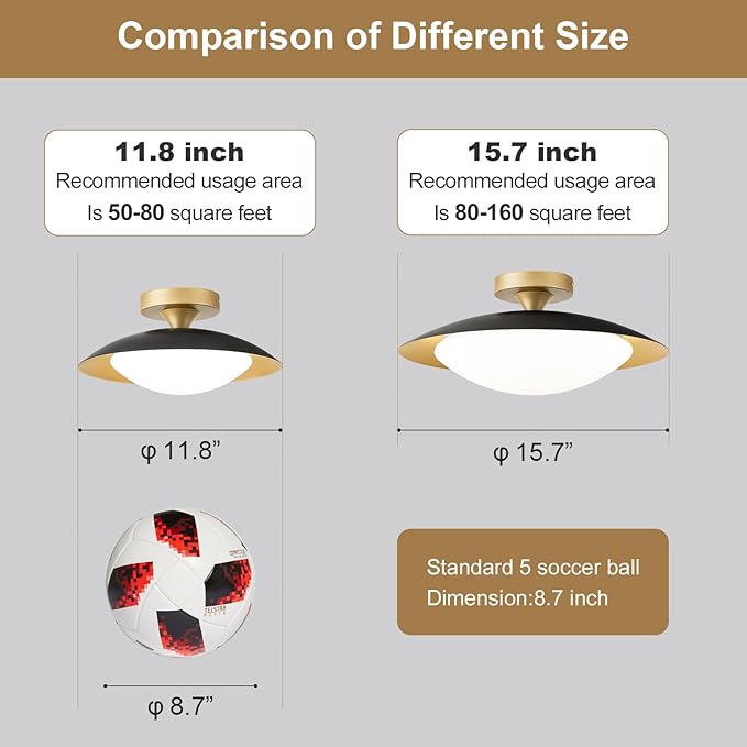 Small Dimmable Mid Century Modern Ceiling Light,5CCT LED Black Gold Semi Flush Mount Ceiling Lamp,for Hallway Entryway Bedroom Laundry Room Kitchen Light Fixture 2700K-6000K,11.81 in