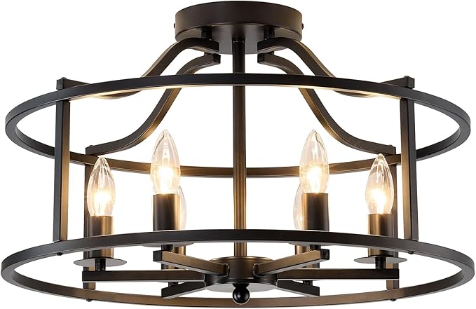 UOFUS Black Farmhouse Chandelier 6-Light Metal Dining Room Light Fixture Modern Industrial Semi Flush Mount Ceiling Light Fixture for Kitchen Island Bedroom Entryway Hallway Foyer E12 Base