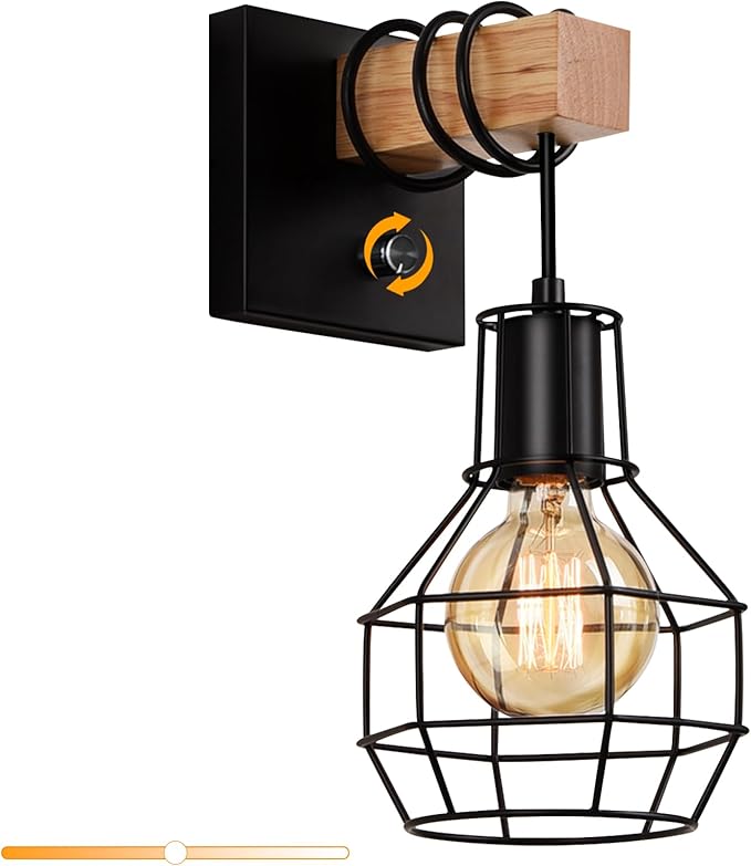 Black Wall Sconces with Dimmer ON/Off Switch, Cage Wall Mount Light Fixture Industrial Farmhouse Lighting for Living Room Kitchen, C71Y215