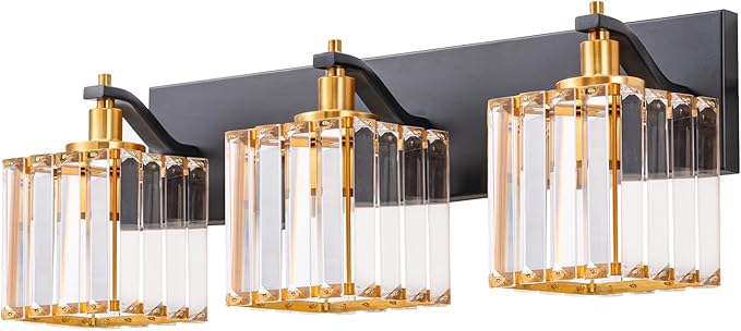 EDISHINE Bathroom Light Fixtures, 20.47'' Crystal Bathroom Vanity Lighting Fixtures Over Mirror, 3 Light Vanity Lights for Bath, Powder Room, Black and Gold, E26 Base