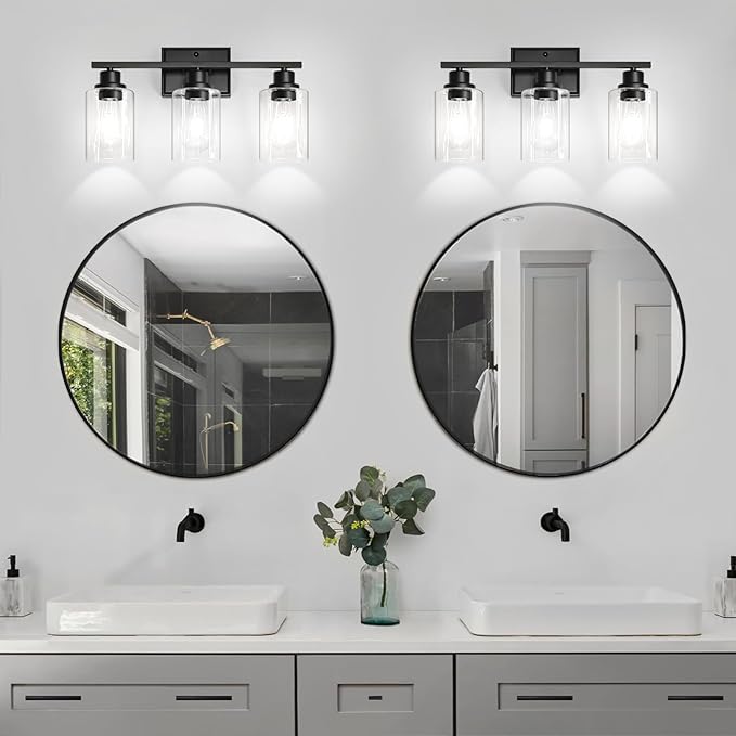 Unicozin 3 Light Bathroom Light Fixtures, Modern Vanity Lights Over Mirror, Black Wall Lamp with Clear Glass for Living Room Cabinet Bedroom Porch