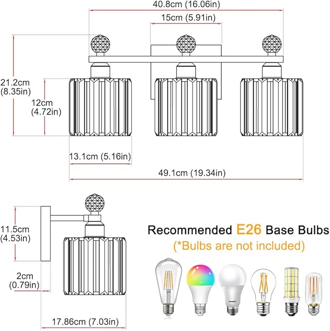 Lxybcce Black and Gold Bathroom Vanity Light, 3-Lights Crystal Vanity Lights for Bath, Modern Bathroom Light Fixture Over Mirror, Wall Mount Lights with Clear Crystal Glass for Bedroom Living Room