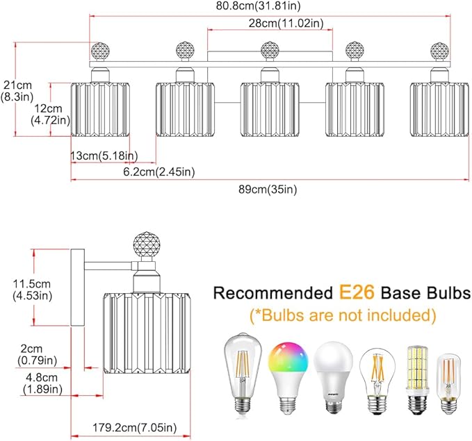 Lxybcce 5 Light Bathroom Vanity Light, Modern Crystal Bathroom Ligth Fixture, Chrome Vanity Lights, Light Fixtures Above Mirror, Wall Lamp for Mirror Living Room Cabinet Bedroom Porch