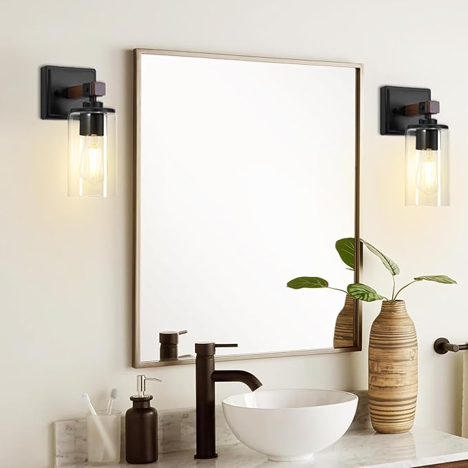 Wall Sconces Set of 2, Farmhouse Rustic Vanity Lights, Dark Brown Wood Grain Rustic Wall Sconce with Clear Glass Shade for Mirror, Bathroom, Bedroom, Hallway, E26, Hardwired(Bulbs Not Included)