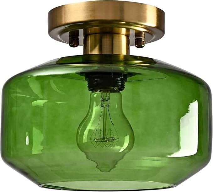 Vintage Semi Flush Mount Ceiling Light with Open Green Glass Shade Mid Century Modern Light Fixture for Living Room, Hallway, Bedroom