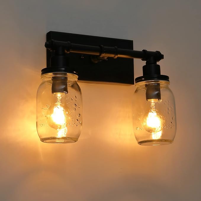 2 Light Bathroom Vanity Light Black Bathroom Light Fixture, Industrial Farmhouse Wall Sconce with Glass Shades, Mason Jar Vanity Light Fixture, Pipe Wall Lamp for Mirror Bedroom Hallway Living Room