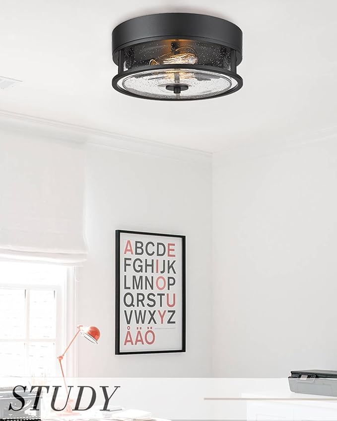 Black Flush Mount Ceiling Light, HWH Industrial Close to Ceiling Light Fixture with Seeded Glass Shade, 12'' Light Fixture Ceiling for Hallway, Farmhouse, Foyer, Laundry, Matte Black, 5HWY65F BK