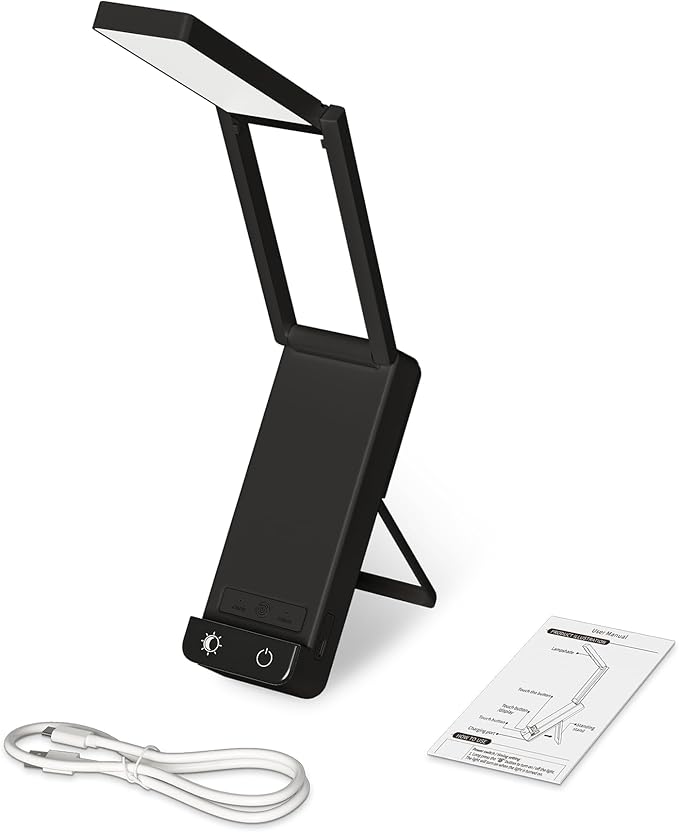EZVALO LED Rechargeable Desk Lamp, 6000mAh Battery Operated Light, Cordless Table Lamp for Book Reading, Foldable Mini Lamp & Portable, 3 Color Dimmable Small Wireless Reading Lamp, Black
