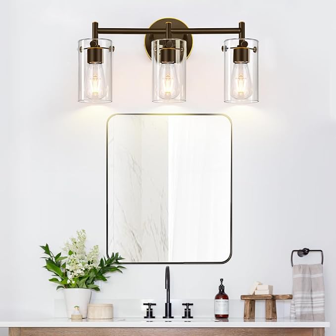 Indoi 3-Light Bathroom Light Fixtures 2023 Upgrade, Oil-Rubbed Bronze Modern Vanity Lights with Clear Glass Shade, Bathroom Wall Sconces for Mirror Bedroom Living Room Cabinet