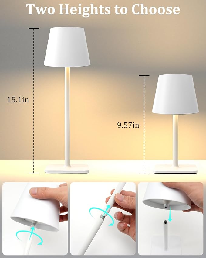 Fizrice Cordless Table Lamp Rechargeable Lamps: 6000mAh Battery Operated Table Lamp Outdoor Waterproof, Touch Control, Portable Wireless Desk Lamp for Dinner/Bedroom/Restaurant (White2 Pack