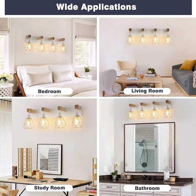 White Bathroom Vanity Light Fixtures, 4-Light Wood Bathroom Light Fixtures Over Mirror, Rustic Sconces Wall Lighting with Elegant Metal Lampshade for Living Room, Bedroom, Hallway