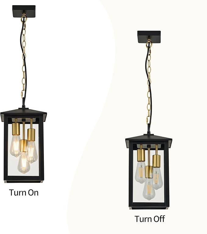 Large Outdoor Light Fixture,Pendant Light with Clear Glass Shade,3-Light Black&Gold Exterior Hanging Lantern for Front Porch Entrance Foyer Entryway (Bulb Not Included)