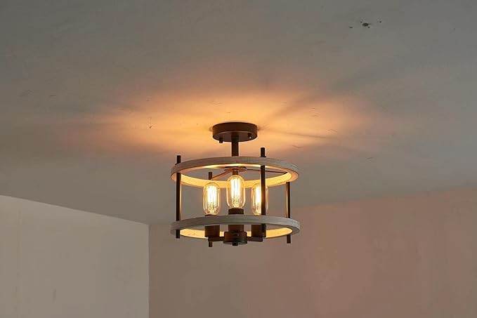 AGV LIGHTING Semi Flush Mount Ceiling Light Fixture, 3-Light Farmhouse Light Fixture Ceiling Mount White Ash Wood Texture Finish