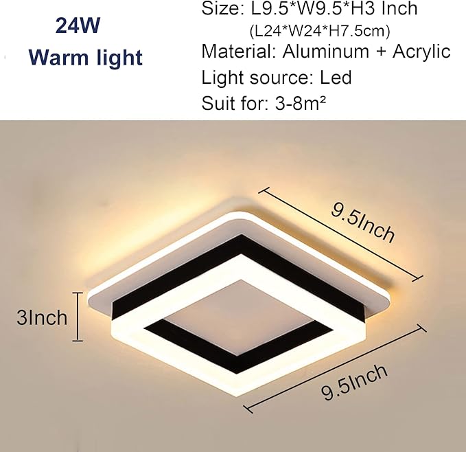 CANEOE Square Modern Led Ceiling Light Fixture, 24W Black Flush Mount Hallway Ceiling Light Small Close to Ceiling Lamp for Living Room Bedroom Kitchen Balcony Cloakroom (Warm White, 3000K)
