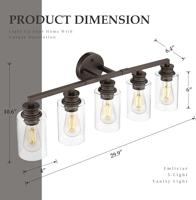 Emliviar Large 5-Light Vanity Light Fixture for Bathroom, Modern 30 Inch Sconce Wall Lighting with Clear Glass Shade, Oil Rubbed Bronze Finish, YCE253B-5W ORB