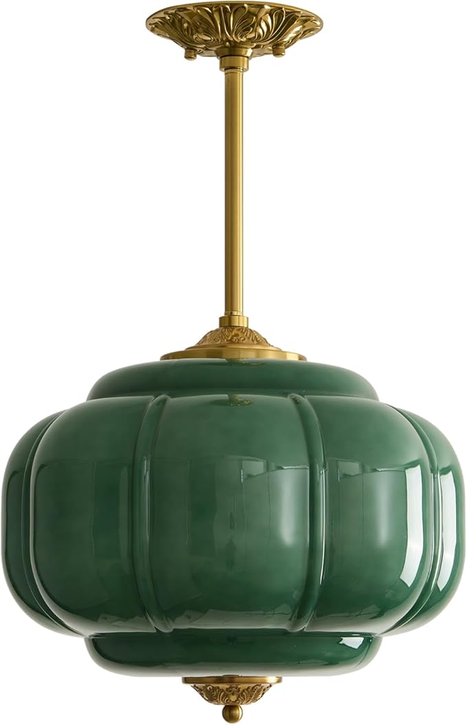 Milk Glass Pendant Light 15 Inch Semi Flush Mount Ceiling Light Fixture Adjustable Height Mid Century Brass Vintage Ceiling Light for Kitchen Hallway Dining Room Bedroom Schoolhouse(Green)