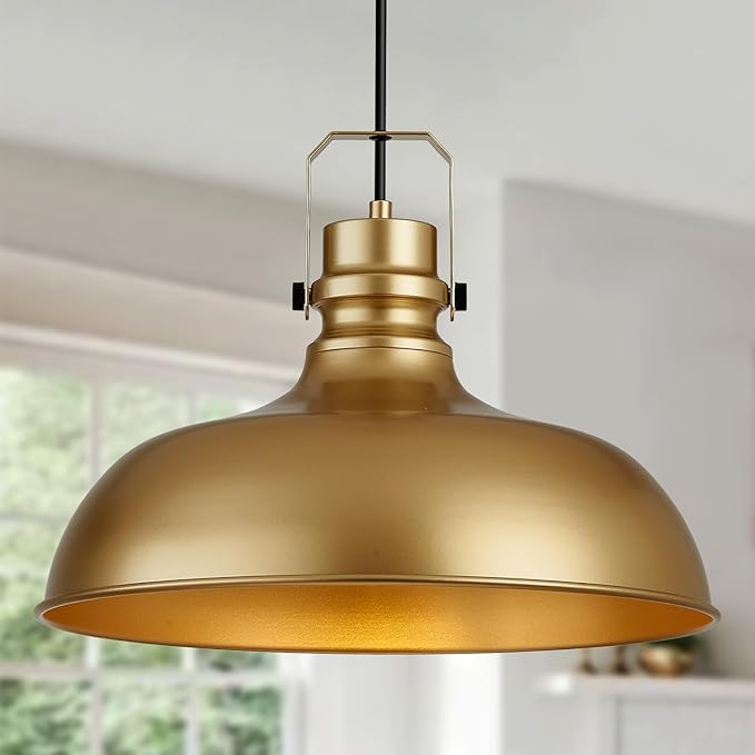Gold Farmhouse Pendant Lights 16 Inch Matte Pendant Lighting for Kitchen Island Industrial Adjustable Height Vintage Dome Hanging Light Fixtures for Barn, Dining Room 2 Packs