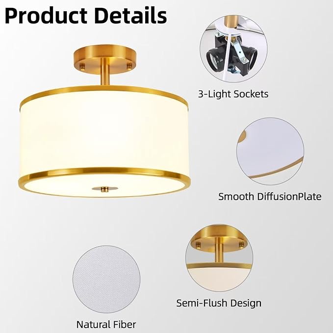 Semi Flush Mount Ceiling Light,3-Light Modern Close to Ceiling Light Fixtures, Gold Drum lamp with Fabric Shade, Hallway Light Fixtures for Foyer Bedroom Kitchen Laundry Room Living Room