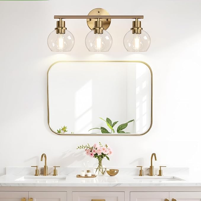 Indoi 3-Light Bathroom Light Fixtures, Brushed Brass Bathroom Lights Over Mirror with Clear Glass Globe Shade, Vanity Lights for Bathroom Kitchen Living Room Hallway Cabinet Bedroom Porch