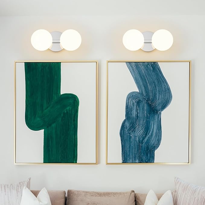 Globe Bathroom Vanity Light Fixtures: Chrome Wall Scones With 2 Milk Glass Shade - Modern Makeup Lighting Fixture over Mirror - Brass Ball Powder Room Vanities Lights for Hallway Bedroom Bulb Excluded