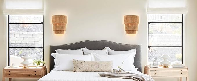Set of 2 Hand Woven Rattan Wall Sconces 3 Round Transitional Minimalist Boho Wall Lights Coastal Wall Lamp for Bedside Hallway Vanity Stairway Fireplace Living Room, UL Listed
