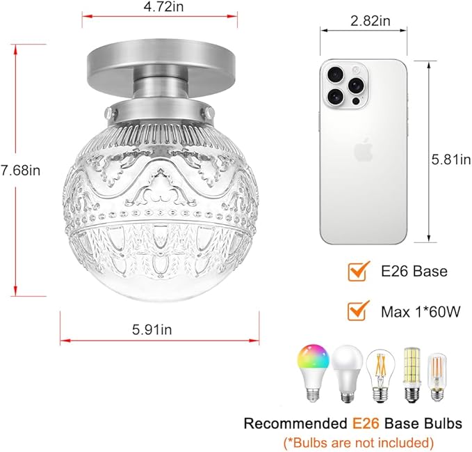 Daunton Semi Flush Mount Ceiling Light Fixtures, Vintage Globe Glass Ceiling Light Fixture, Antique Small Brushed Nickel Hallway Light Fixtures for Bedroom, Closet, Entryway, Bathroom, Kitchen