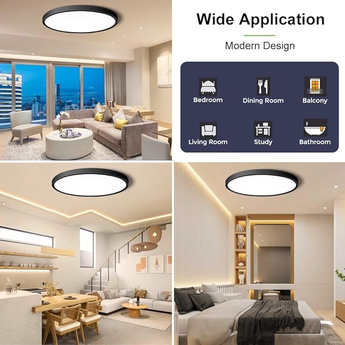 LightingWill 15.7 Inch Black Flush Mount LED Ceiling Light Fixture 32W, 3000K Daylight White, 3800LM, Flat Modern Round Closet Lighting Fixtures, Low Profile Ceiling Lamp for Bedrooms, Hallway .etc.