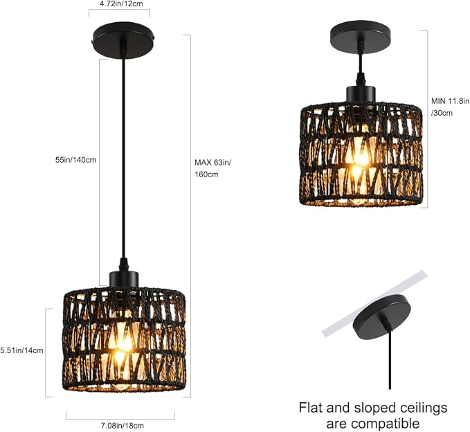 Woven Pendant Light Boho Chandelier, Rattan Pendant Lights Kitchen Island, Farmhouse Pendant Lighting with Hand Woven Wicker Shade, Boho Chandelier Light Fixtures Ceiling Hanging Light