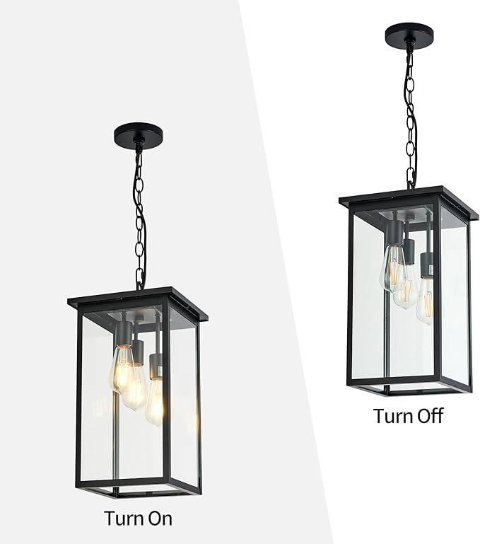 Large Outdoor Indoor Pendant Light 3-Light, Modern Black Metal Outside Chandelier Exterior Hanging Fixture Ceiling Mount with Clear Glass Shade for Front Porch Entrance Foyer Entryway