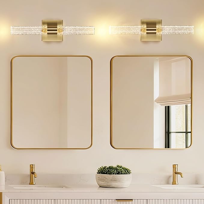 18 Inch Bathroom Sconces Set of 2, 3 Color Temperature Bubble Crystal Led Wall Sconce Indoor Wall Mount Vanity Light Bar Brass Hardwired Wall Sconce for Bedroom Living Room, 12W