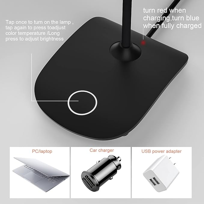 DEEPLITE LED Desk Lamp Battery Operated Lights Cordless Rechargeable Lamp, Flexible Gooseneck Portable Light for Bed Craft Nail Home Office, Eye-Caring Dimmable Small Desk Lamp Wireless Reading Lamp