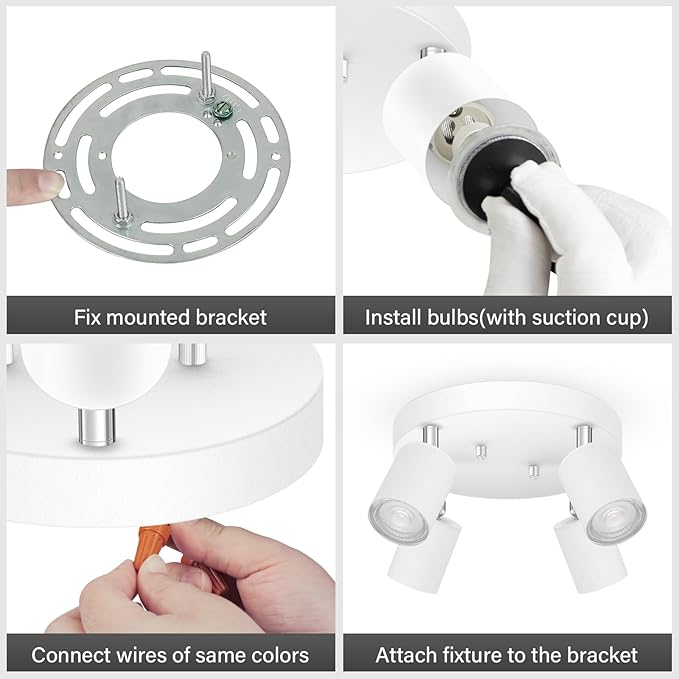 4 Light Track Lighting Fixtures Ceiling, Matte White Round Directional Ceiling Spotlight, GU10 Flush Mount Track Fixture, Adjustable Modern LED Track Lights for Kitchen/Living Room, Bulb Not Included