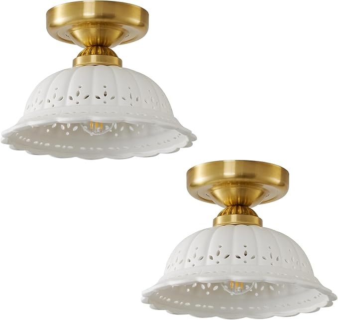 Vintage Ceramic Semi Flush Mount Ceiling Light - 2 Pack, Gold Hallway Light Fixture, Mid Century Small Close to Ceiling Lamp,Unique Flush Lighting Fixtures for Entryway Laundry Room Kitchen Cottage