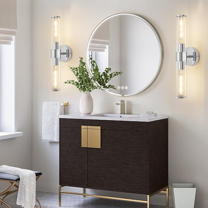 Chrome Wall Sconce, Bathroom Light Fixtures in Clear Glass Indoor Wall Sconces, Modern Sconce Wall Lighting Up and Down Vanity Lights Fixtures for Bathroom,Living Room - Bulb Not Included