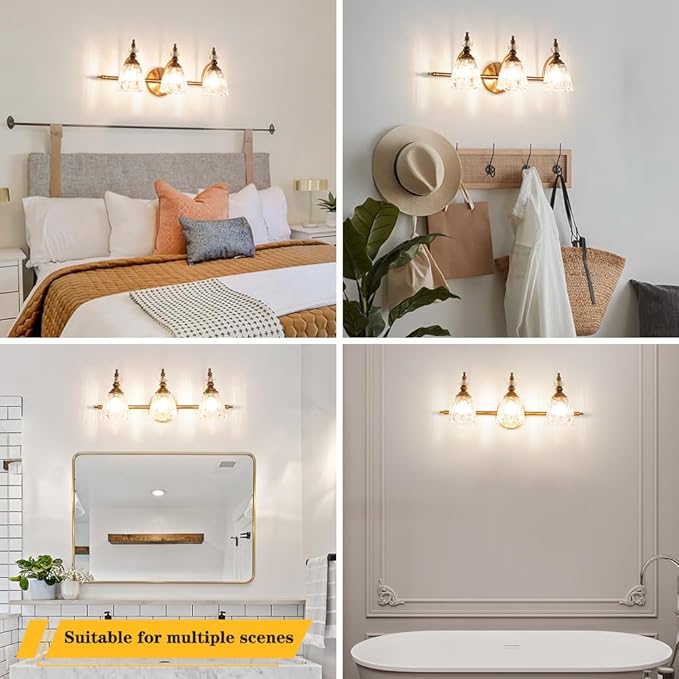 Brushed Gold Bathroom Vanity Light, Farmhouse Brass Bathroom Light Fixtures Over Mirror, 3 Light Vanity Lighting Fixtures, Flower Glass Shade Wall Sconce Lighting