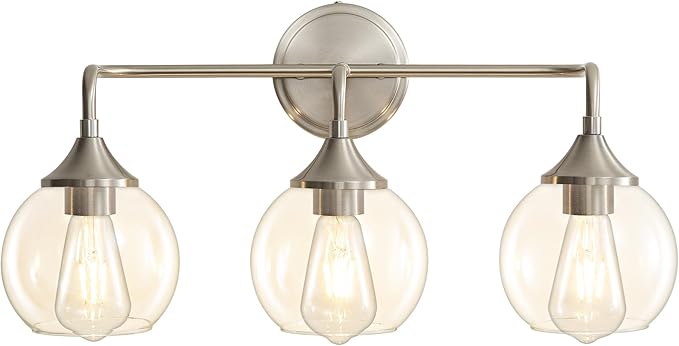 Bathroom Light Fixtures 3 Light Bathroom Vanity Light with Clear Glass Shade, 22 inch Vanity Lighting Fixtures Over Mirror, Vanity Lights Fixture (Exclude E26 Bulb) - Brushed Nickel