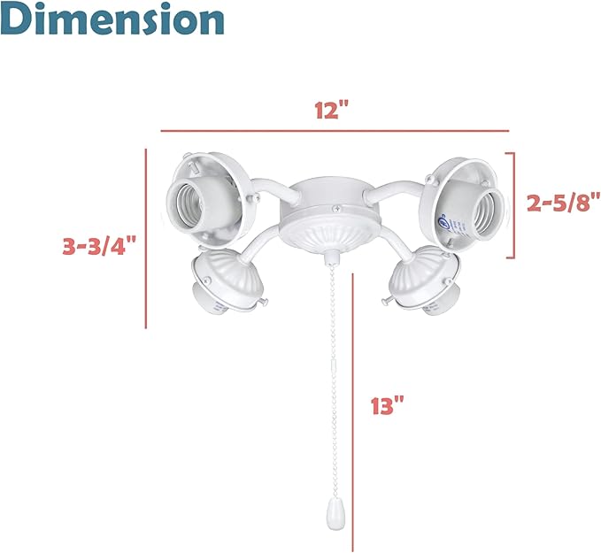 Aspen Creative 22003-21, Four-Light Ceiling Fan Fitter Light Kit with Pull Chain, Painted White