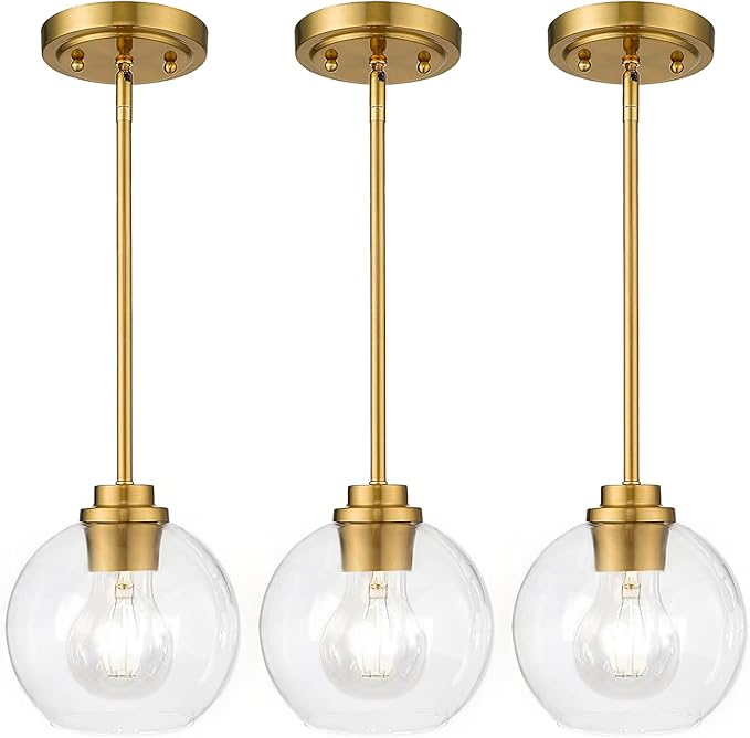 Gold Pendant Light, 7 Inch Clear Glass Farmhouse Hanging Fixture, Adjustable Height & Sloped Ceiling Compatible for Kitchen Island Dining Room Entryway Bedroom Hallway, 3 Pack