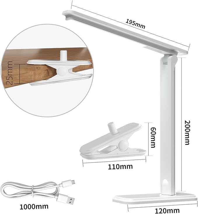 LED Desk Lamp Dimmable Table Lamp Reading Lamp with Changeable Clip & Base, 3 Brightness Dimmable Small Desk Lamp for Office Home, Desk Clip on Lamp for Bed Headboard, LED Desk Light Strip